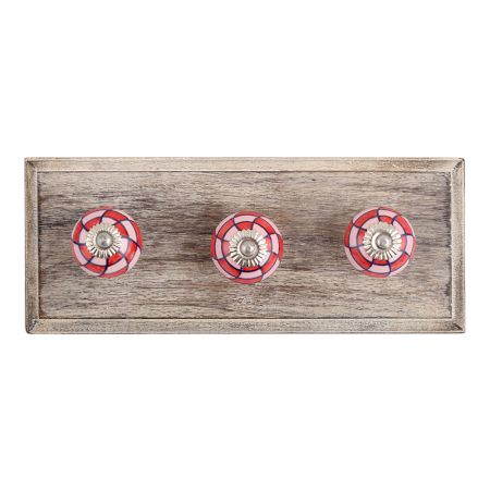 Pink Red Check Ceramic Wooden Hooks